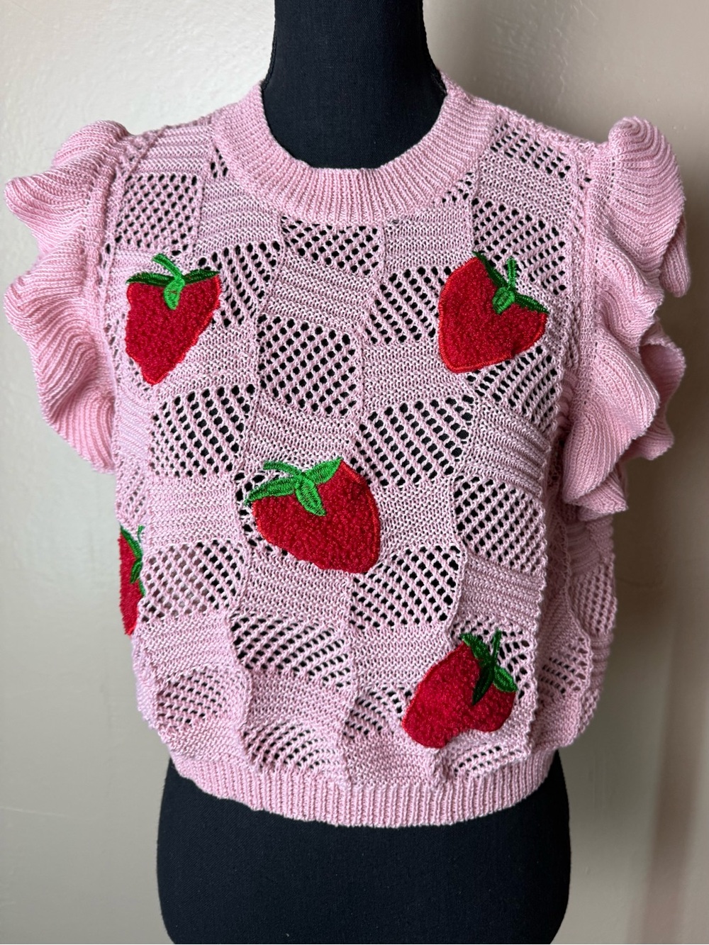 Pink Strawberry Ruffle Sleeve Knit Crop Top Sweater Coquette